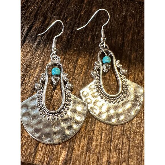 Boho Hippie Western Cowgirl Turquoise Stone Fan Silver Drop Wire Earrings, Gift - Picture 6 of 7